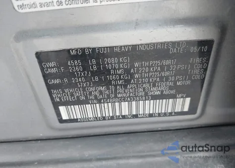 2010 Subaru Outback 2.5I Premium из США, поврежденный, VIN 4S4BRBCC7A3385813